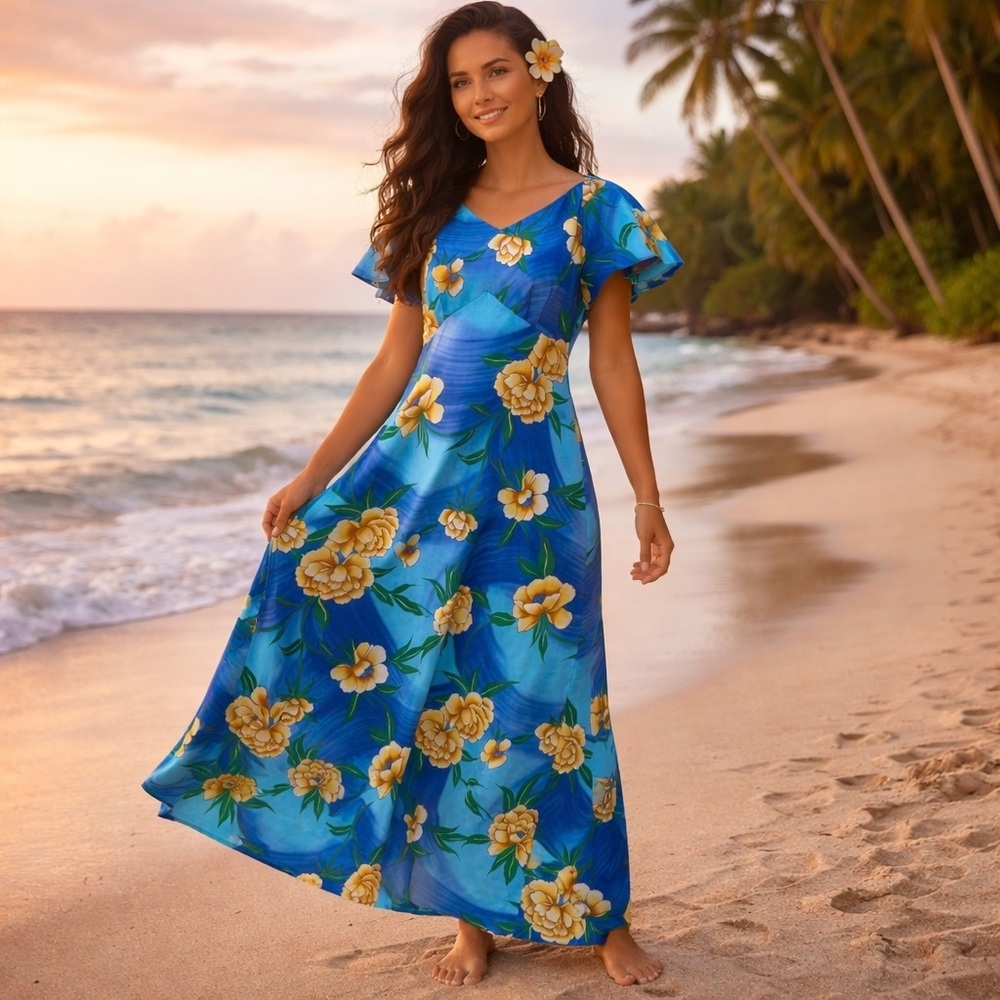 Hilo Hattie vintage blue floral empire waist maxi dress size small Hawaiian 70s